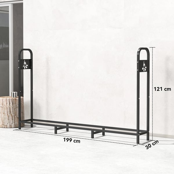 Vedställ & Vedförvaring - Utomhus Stålställ - 200×30×120 cm - Förstärkta Ben - Utskuret Lägereldsmotiv - Max 300 kg - Trädgård - Chokladbrun