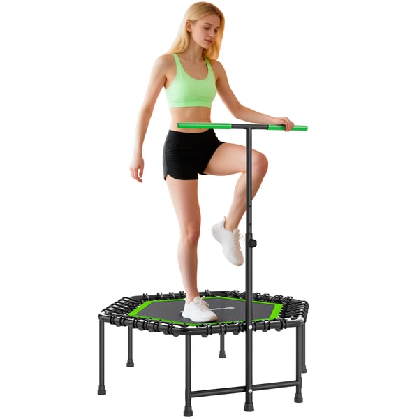 Fitness-trampolin - Minitrampolin med handtag - 114×114×132 cm - 3-stegs justerbart handtag - Stålram - Cardio & benträning - Grön
