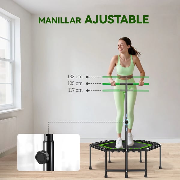 Fitness-trampolin - Minitrampolin med handtag - 114×114×132 cm - 3-stegs justerbart handtag - Stålram - Cardio & benträning - Grön