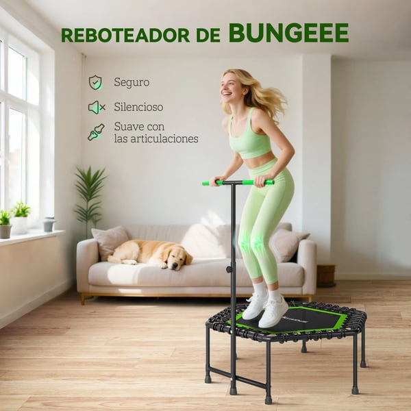 Fitness-trampolin - Minitrampolin med handtag - 114×114×132 cm - 3-stegs justerbart handtag - Stålram - Cardio & benträning - Grön