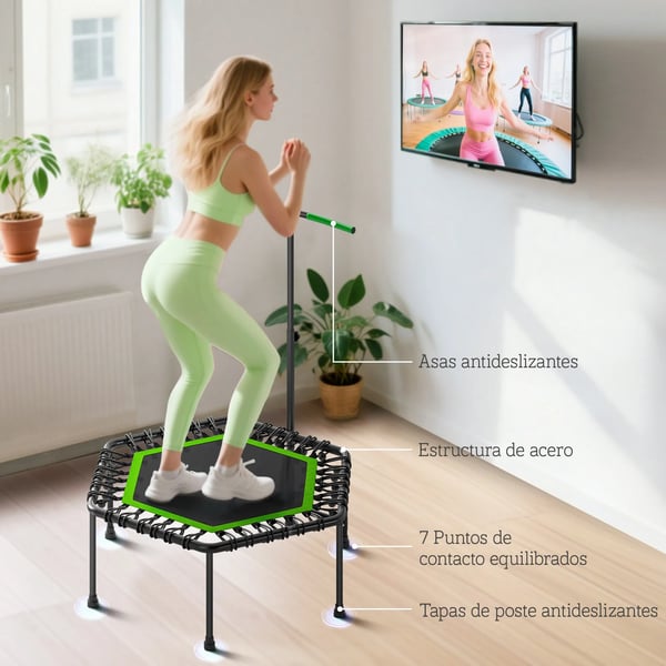 Fitness-trampolin - Minitrampolin med handtag - 114×114×132 cm - 3-stegs justerbart handtag - Stålram - Cardio & benträning - Grön