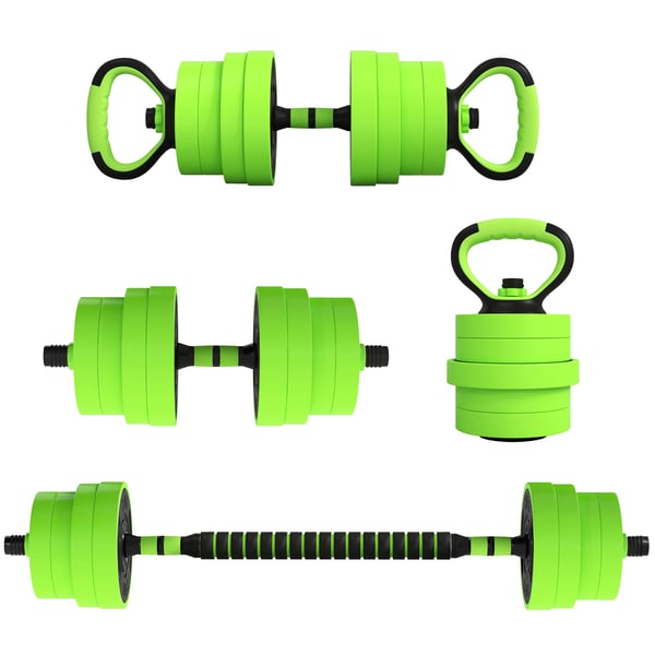 Hantelset - Justerbart 4-i-1 30 kg - Kettlebell, Skivstång, Hantlar, Armhävningsställ - Styrketräning - Hemmagym - Grön