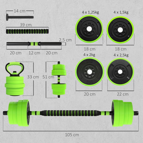 Hantelset - Justerbart 4-i-1 30 kg - Kettlebell, Skivstång, Hantlar, Armhävningsställ - Styrketräning - Hemmagym - Grön