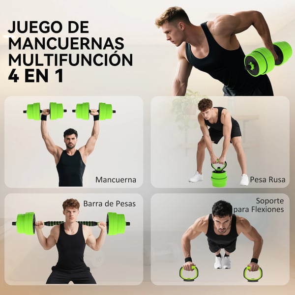 Hantelset - Justerbart 4-i-1 30 kg - Kettlebell, Skivstång, Hantlar, Armhävningsställ - Styrketräning - Hemmagym - Grön