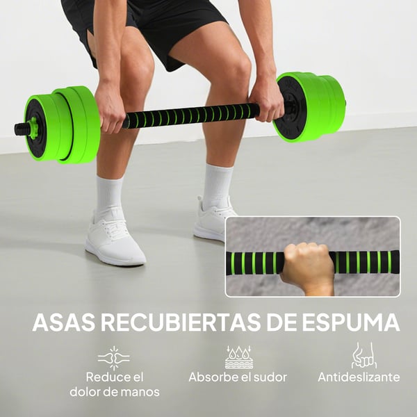 Hantelset - Justerbart 4-i-1 30 kg - Kettlebell, Skivstång, Hantlar, Armhävningsställ - Styrketräning - Hemmagym - Grön