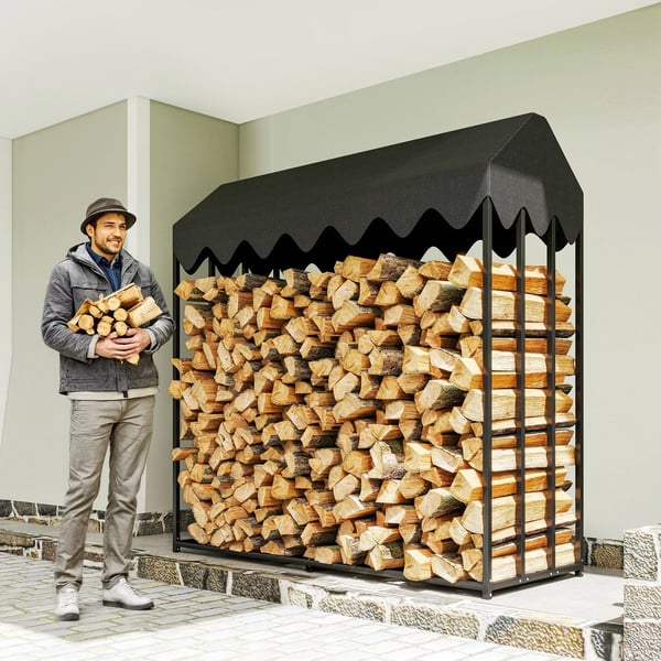 Vedställ - Vedförvaring ute - 186×70×185 cm - Vattentätt 600D Oxfordöverdrag - Stålram - Bärkapacitet 300 kg - Trädgård/Terrass - Chokladbrun