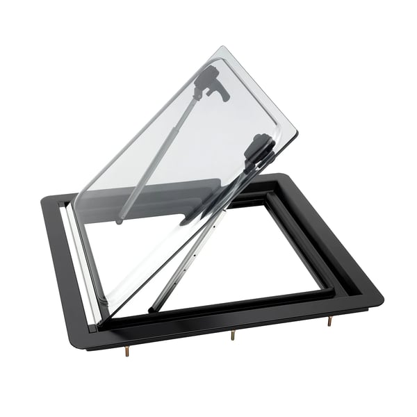 Asuntovaunu/Asuntoauto Ikkuna - Uloskääntyvä tuuletusikkuna - Asennus 45×50 cm - Seinävahvuus 2,5–3,5 cm - 70° avautuminen - Hyttysverkko - Musta
