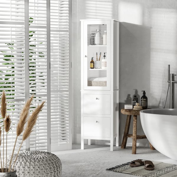 Badrumsskåp - Högskåp - Glasdörr - Justerbara hyllor - 2 lådor - Fristående - 43x35x160 cm - Modern stil - Vit