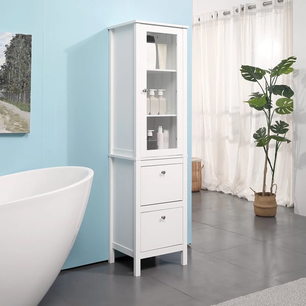 Badrumsskåp - Högskåp - Glasdörr - Justerbara hyllor - 2 lådor - Fristående - 43x35x160 cm - Modern stil - Vit