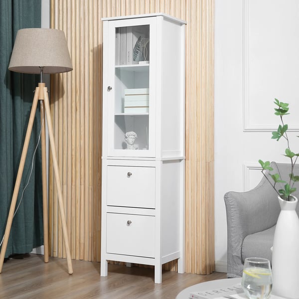 Badrumsskåp - Högskåp - Glasdörr - Justerbara hyllor - 2 lådor - Fristående - 43x35x160 cm - Modern stil - Vit