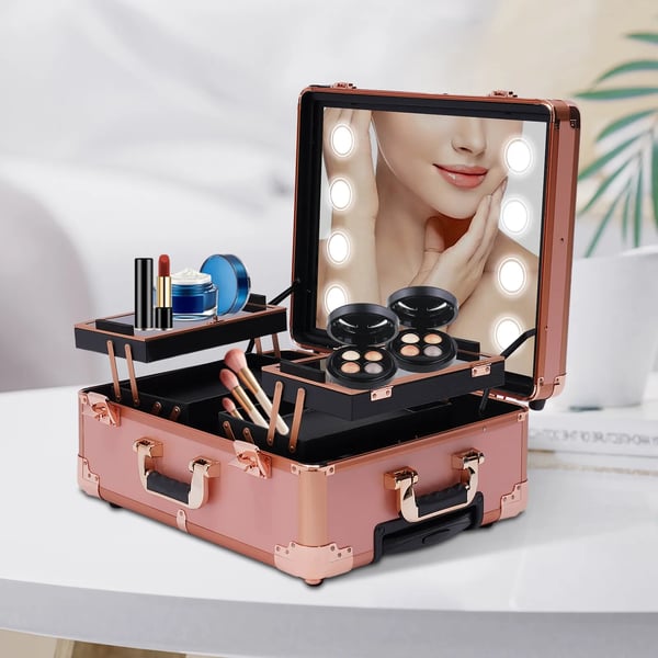 Makeupkuffert - Kosmetikkuffert - LED-spejl - Justerbar højde - Stor opbevaring - Hjul - Til makeupartister - Rosaguld