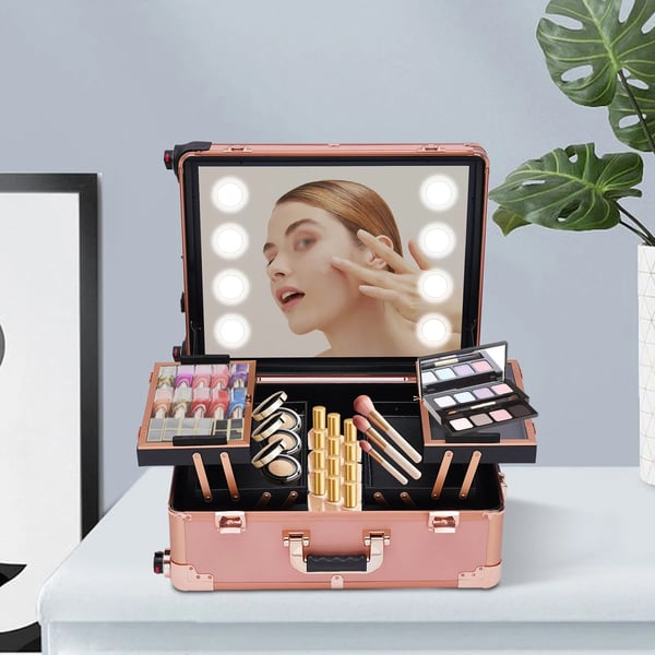 Makeupkuffert - Kosmetikkuffert - LED-spejl - Justerbar højde - Stor opbevaring - Hjul - Til makeupartister - Rosaguld