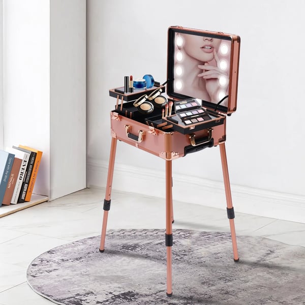 Makeupkuffert - Kosmetikkuffert - LED-spejl - Justerbar højde - Stor opbevaring - Hjul - Til makeupartister - Rosaguld
