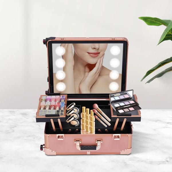 Makeupkuffert - Kosmetikkuffert - LED-spejl - Justerbar højde - Stor opbevaring - Hjul - Til makeupartister - Rosaguld