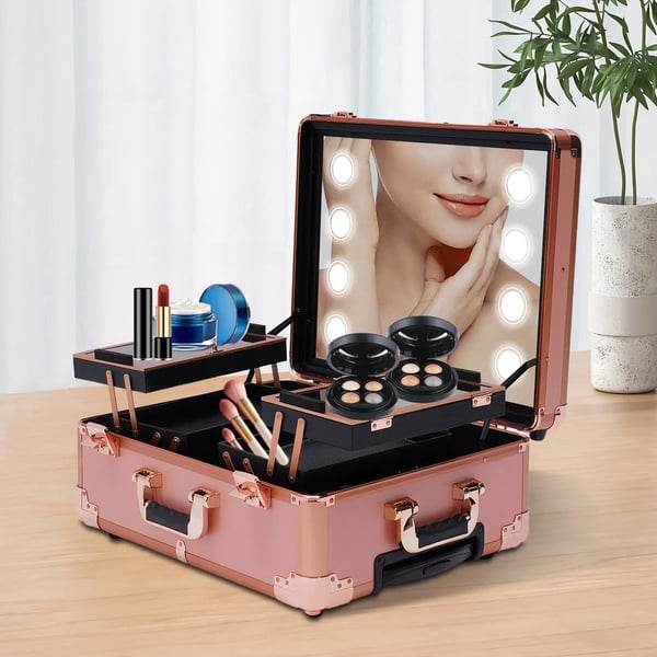 Makeupkuffert - Kosmetikkuffert - LED-spejl - Justerbar højde - Stor opbevaring - Hjul - Til makeupartister - Rosaguld