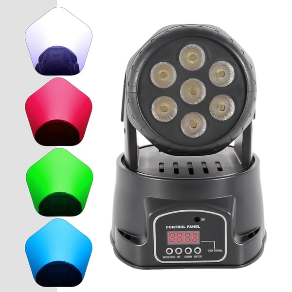 Moving head DJ-lys - LED scenelys - 4-i-1 RGB - 105 W - DMX 7 kanaler - Fjernbetjening - 220 V - CE-godkendt - Sort