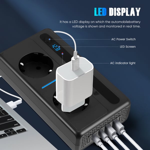 Bil Inverter/Spændingsomformer - 300 W 12 V DC til 230 V AC - 2 Stik - 4 USB-porte - Hurtigopladning - CE-godkendt - Sort