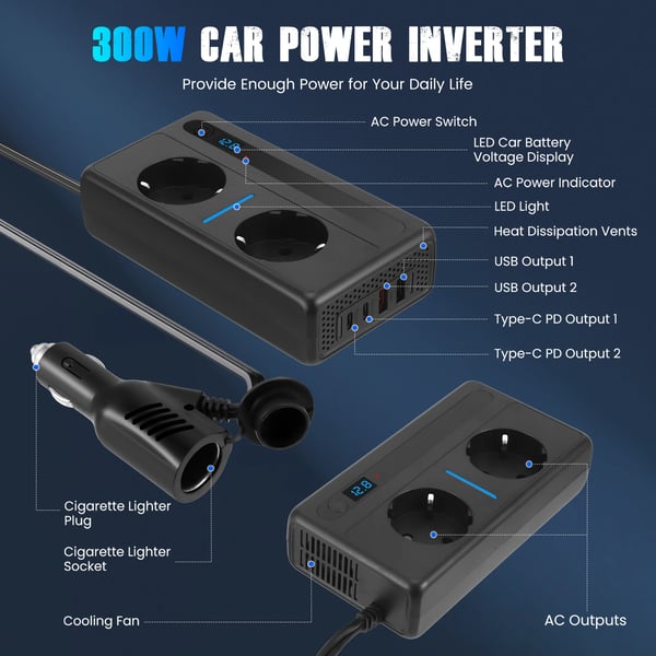 Bil Inverter/Spændingsomformer - 300 W 12 V DC til 230 V AC - 2 Stik - 4 USB-porte - Hurtigopladning - CE-godkendt - Sort