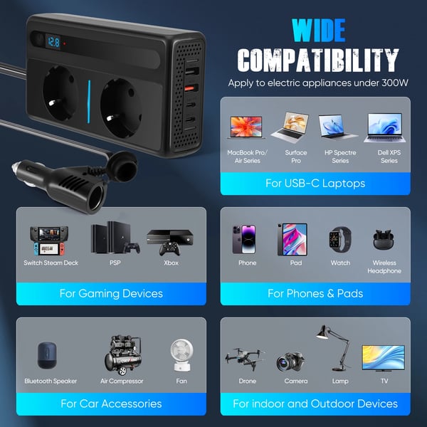 Bil Inverter/Spændingsomformer - 300 W 12 V DC til 230 V AC - 2 Stik - 4 USB-porte - Hurtigopladning - CE-godkendt - Sort