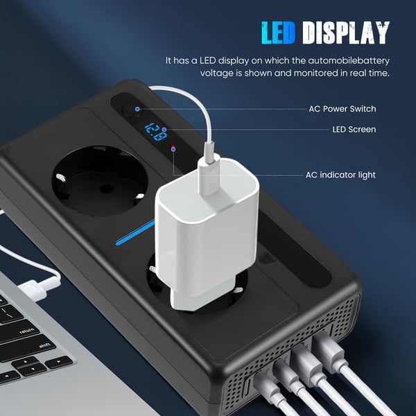 Bil Inverter/Spændingsomformer - 300 W 12 V DC til 230 V AC - 2 Stik - 4 USB-porte - Hurtigopladning - CE-godkendt - Sort