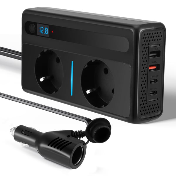 Bil Inverter/Spændingsomformer - 300 W 12 V DC til 230 V AC - 2 Stik - 4 USB-porte - Hurtigopladning - CE-godkendt - Sort