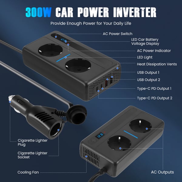 Bil Inverter/Spændingsomformer - 300 W 12 V DC til 230 V AC - 2 Stik - 4 USB-porte - Hurtigopladning - CE-godkendt - Sort