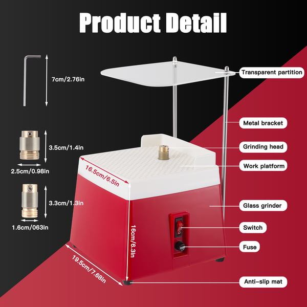 Elektrisk glasslibemaskine - Bordslibemaskine til glas - Automatisk vandtilførsel - 65 W - 4200 o/min - Slibehoveder 1,6 cm & 2,5 cm - EU-stik - Rød