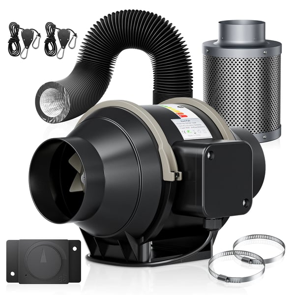 Kanalfläkt 100 mm - Inline Ventilationskit - 360 m³/h Luftflöde - Hastighetsregulator - Aktivt Kolfilter - Flexslang - Odlingstält - CE - Svart