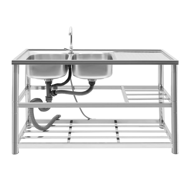 Professionel køkkenvask - Fritstående dobbelt kumme - 201 rustfrit stål - 120x45x80 cm - Med armatur og afdrypningsplade - 3 hylder - Sølv