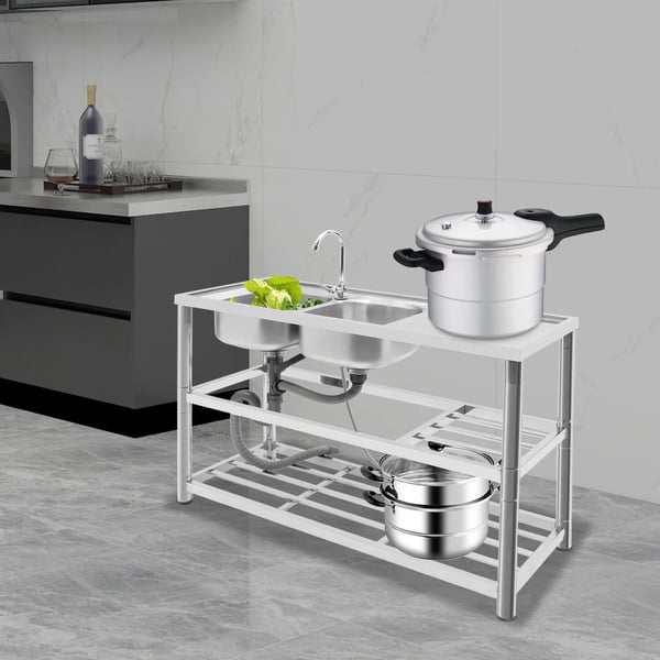Professionel køkkenvask - Fritstående dobbelt kumme - 201 rustfrit stål - 120x45x80 cm - Med armatur og afdrypningsplade - 3 hylder - Sølv