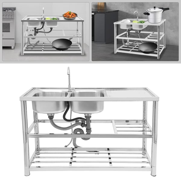Professionel køkkenvask - Fritstående dobbelt kumme - 201 rustfrit stål - 120x45x80 cm - Med armatur og afdrypningsplade - 3 hylder - Sølv
