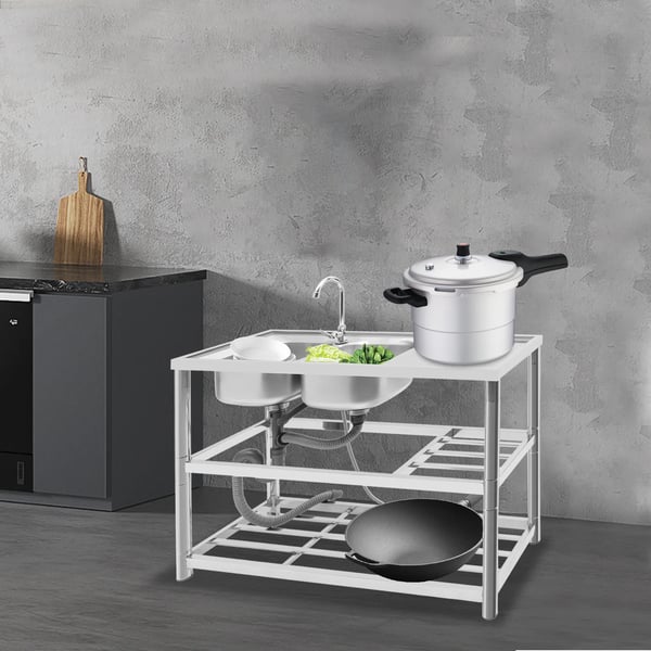 Professionel køkkenvask - Fritstående dobbelt kumme - 201 rustfrit stål - 120x45x80 cm - Med armatur og afdrypningsplade - 3 hylder - Sølv