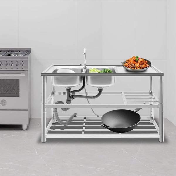 Professionel køkkenvask - Fritstående dobbelt kumme - 201 rustfrit stål - 120x45x80 cm - Med armatur og afdrypningsplade - 3 hylder - Sølv