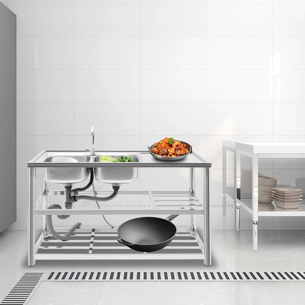 Professionel køkkenvask - Fritstående dobbelt kumme - 201 rustfrit stål - 120x45x80 cm - Med armatur og afdrypningsplade - 3 hylder - Sølv
