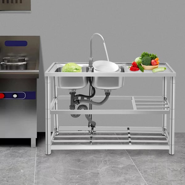 Fritstående industrivask - Dobbelt kumme køkkenvask sæt - 201 rustfrit stål - Med armatur - 120×45×80 cm - Sølv
