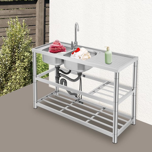 Fritstående industrivask - Dobbelt kumme køkkenvask sæt - 201 rustfrit stål - Med armatur - 120×45×80 cm - Sølv