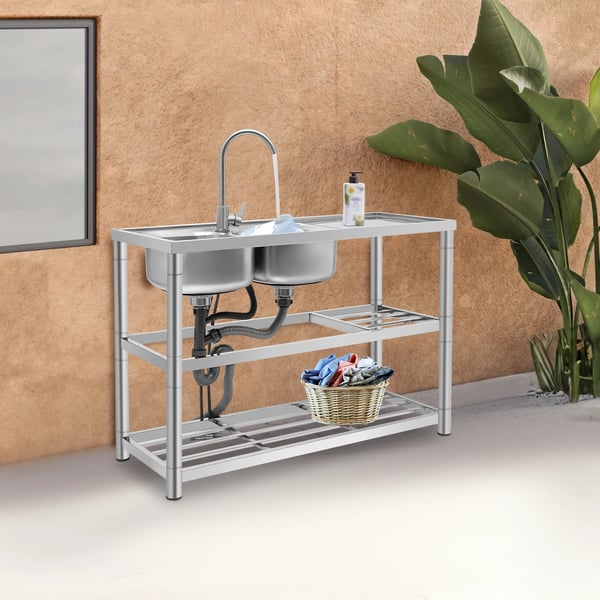 Fritstående industrivask - Dobbelt kumme køkkenvask sæt - 201 rustfrit stål - Med armatur - 120×45×80 cm - Sølv