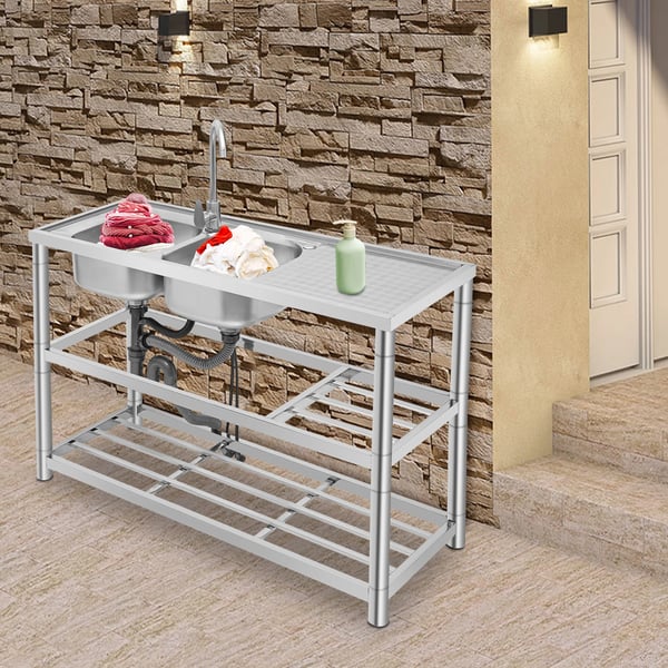 Fritstående industrivask - Dobbelt kumme køkkenvask sæt - 201 rustfrit stål - Med armatur - 120×45×80 cm - Sølv
