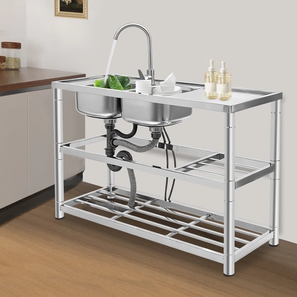 Fritstående industrivask - Dobbelt kumme køkkenvask sæt - 201 rustfrit stål - Med armatur - 120×45×80 cm - Sølv