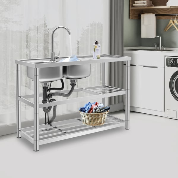Fritstående industrivask - Dobbelt kumme køkkenvask sæt - 201 rustfrit stål - Med armatur - 120×45×80 cm - Sølv