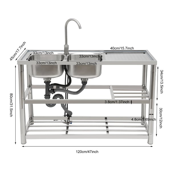 Fritstående industrivask - Dobbelt kumme køkkenvask sæt - 201 rustfrit stål - Med armatur - 120×45×80 cm - Sølv