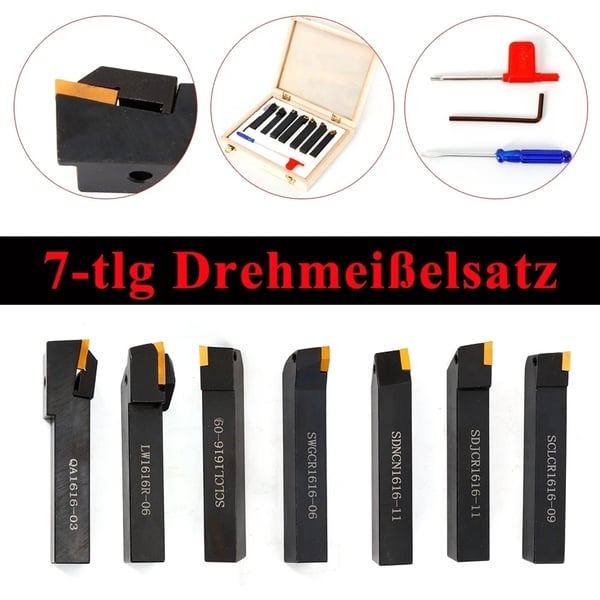 Sorvaustyökalusarja - Sorviterät/Teränpitimet - 7-osainen - 16 mm varsi - Kovametalli - Konekiinnitteinen - Metallisorviin - Musta