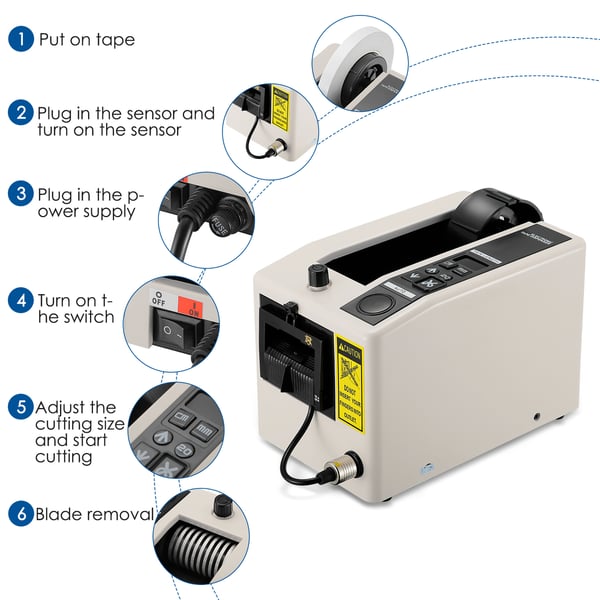 Automatisk tapedispenser - Bordmodel - Til pakketape - Bredde 7–50 mm - Skridsikker - EU-stik 220 V - Hvid