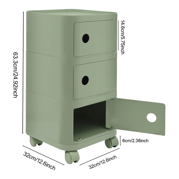 Sengebord / Natbord - 3 Hylder - Universelle Hjul - Flytbar Opbevaring - Til Soveværelse & Stue - 32×32×63,3 cm - Grøn