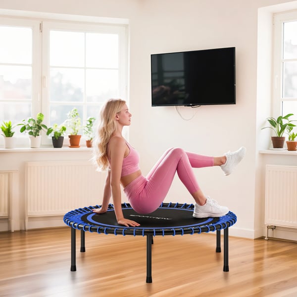 Mini studsmatta - Fitness-trampolin - Ø114 cm - Förstärkt stålram - Cardio & benträning - Utan skyddsnät - Blå