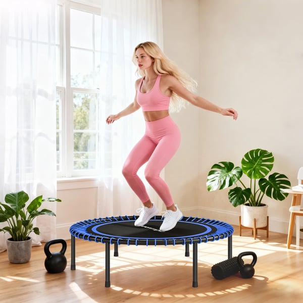 Mini studsmatta - Fitness-trampolin - Ø114 cm - Förstärkt stålram - Cardio & benträning - Utan skyddsnät - Blå