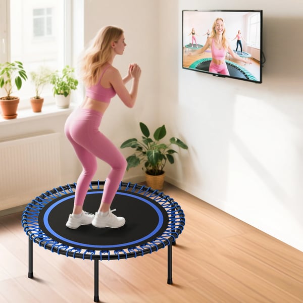 Mini studsmatta - Fitness-trampolin - Ø114 cm - Förstärkt stålram - Cardio & benträning - Utan skyddsnät - Blå