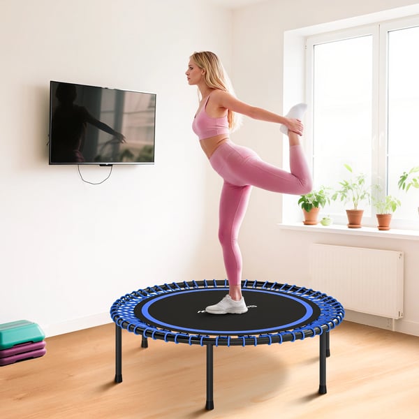 Mini studsmatta - Fitness-trampolin - Ø114 cm - Förstärkt stålram - Cardio & benträning - Utan skyddsnät - Blå