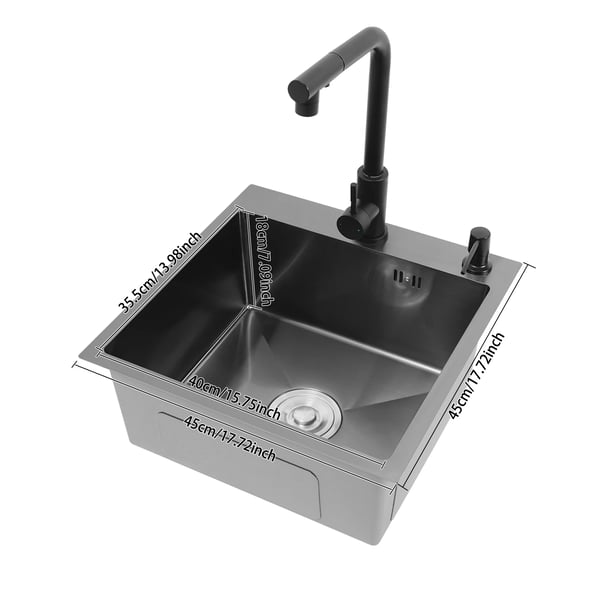 Køkkenvask - Enkel vask - Rustfrit stål - Rektangulær - 45 x 45 x 18 cm - Nano-belægning - Mørkegrå