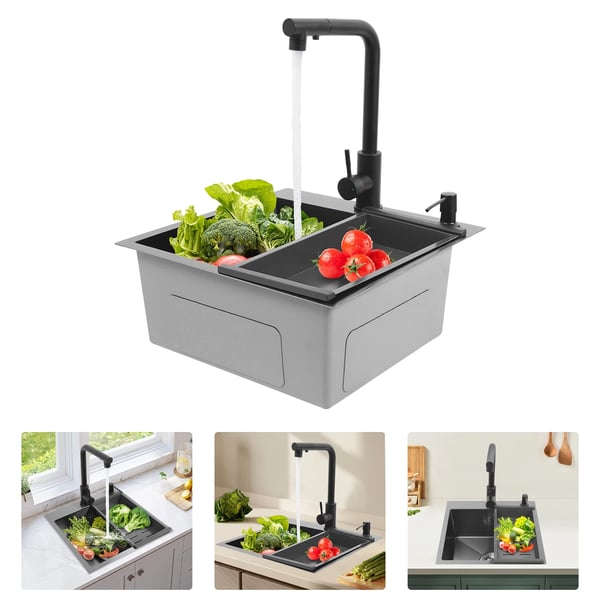 Køkkenvask - Enkel vask - Rustfrit stål - Rektangulær - 45 x 45 x 18 cm - Nano-belægning - Mørkegrå